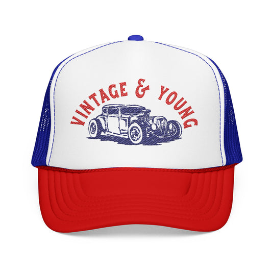 Red White and Blue Hot Rod Trucker Cap
