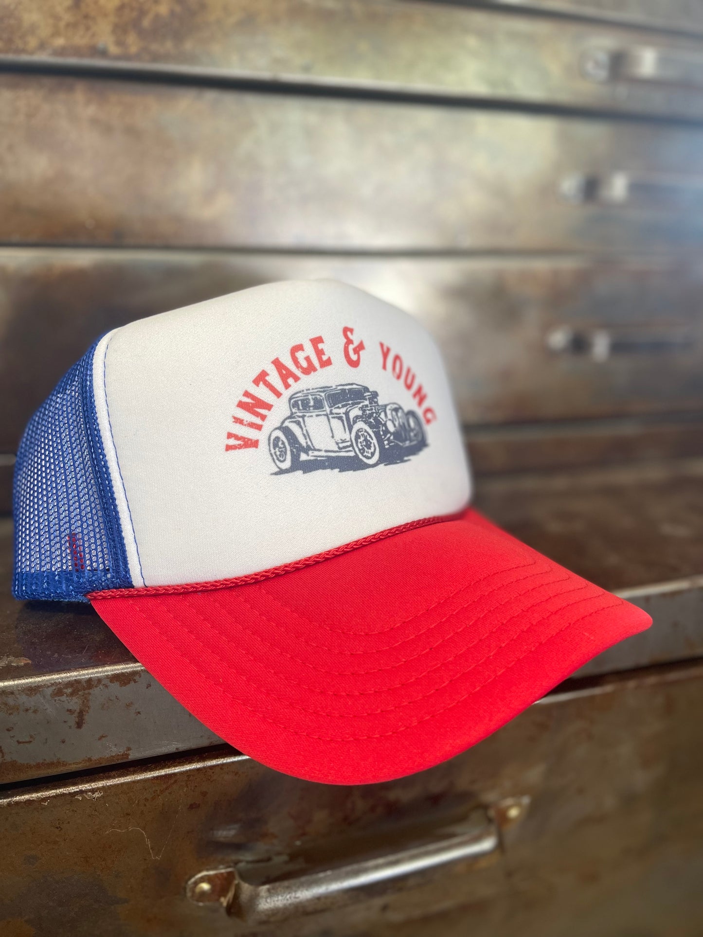 Red White and Blue Hot Rod Trucker Cap